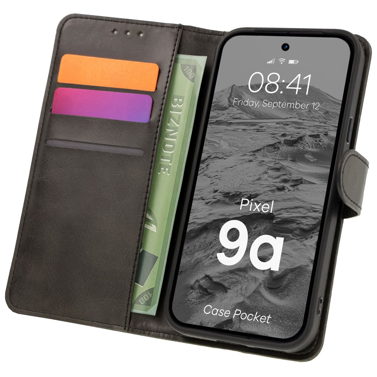 Handyhülle mit Klappe für Google Pixel 9a, Bizon Case Pocket, Schwarz