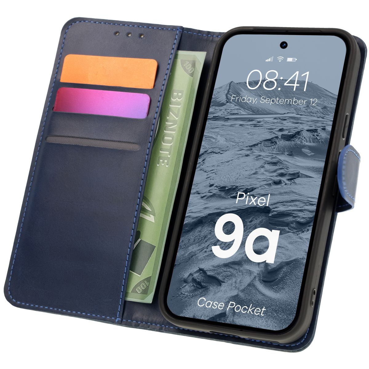 Handyhülle mit Klappe für Google Pixel 9a, Bizon Case Pocket, Dunkelblau