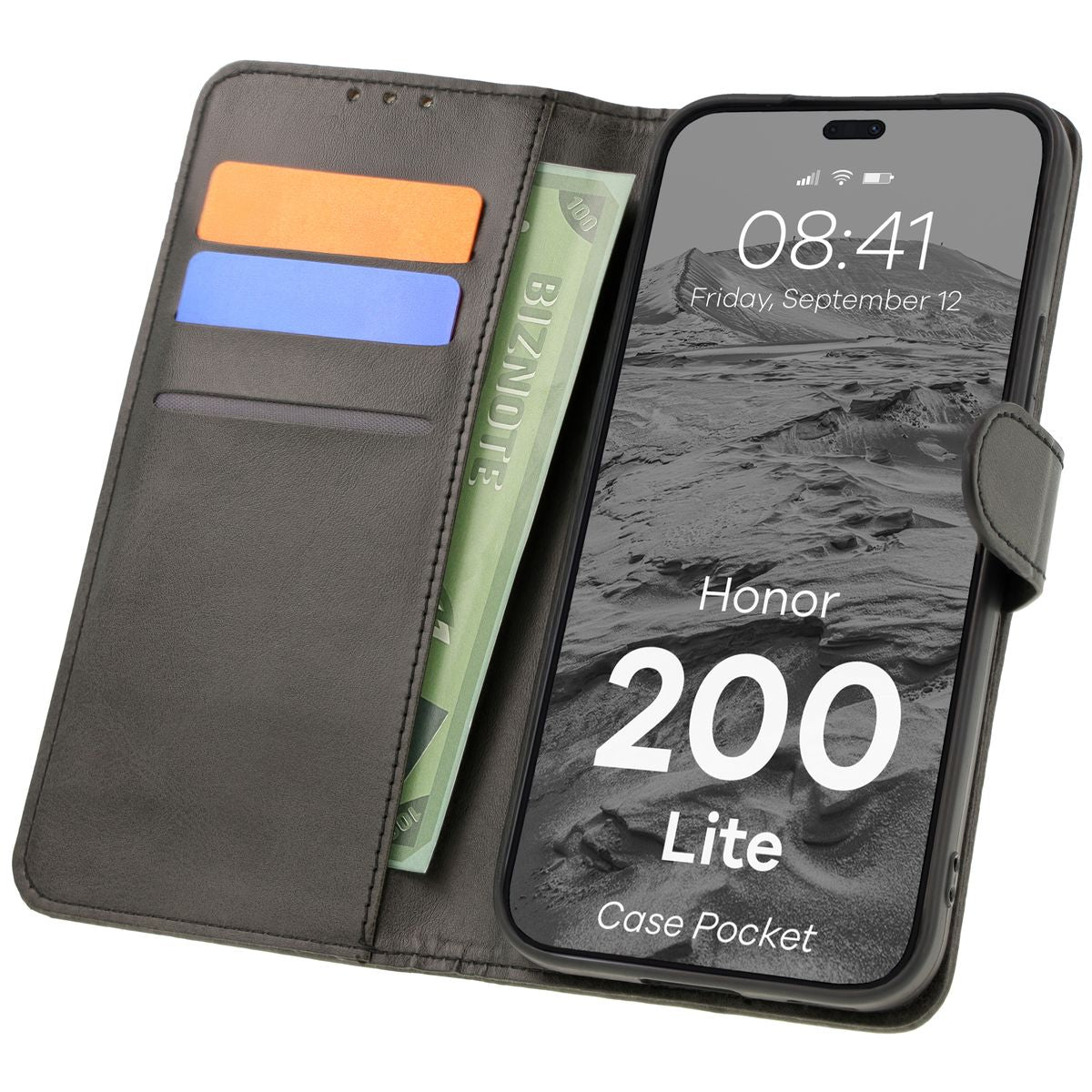 Handyhülle mit Klappe für Honor 200 Lite, Bizon Case Pocket, Schwarz
