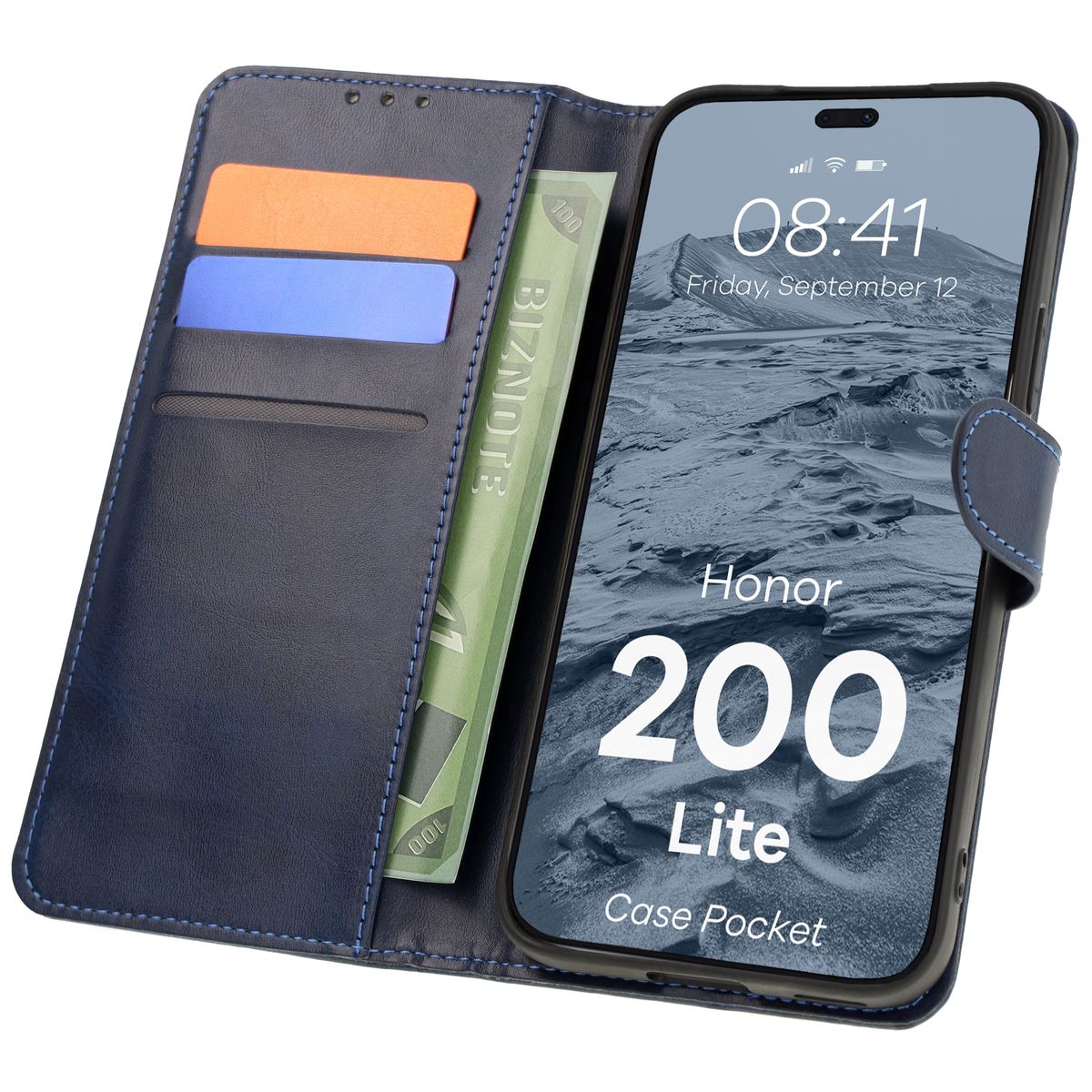 Handyhülle mit Klappe für Honor 200 Lite, Bizon Case Pocket, Dunkelblau