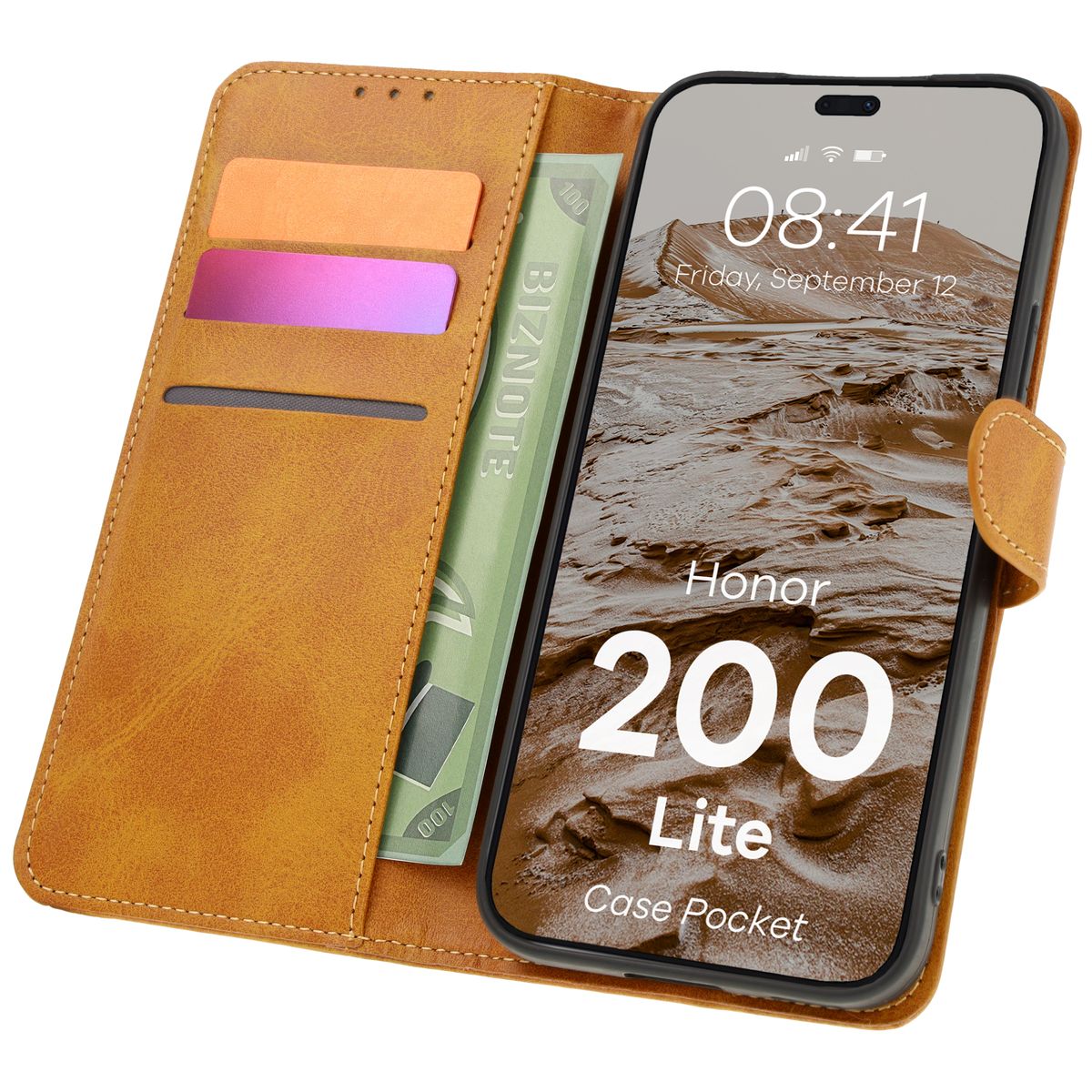 Handyhülle mit Klappe für Honor 200 Lite, Bizon Case Pocket, Braun