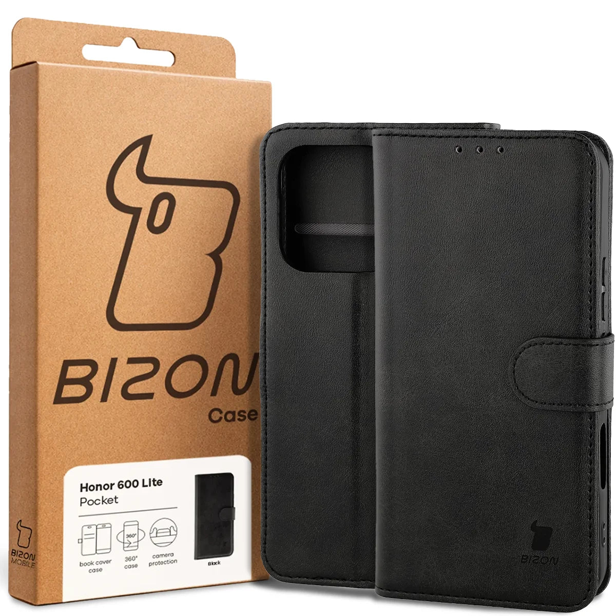 Handyhülle mit Klappe für Honor 600 Lite 5G, Bizon Case Pocket, Schwarz