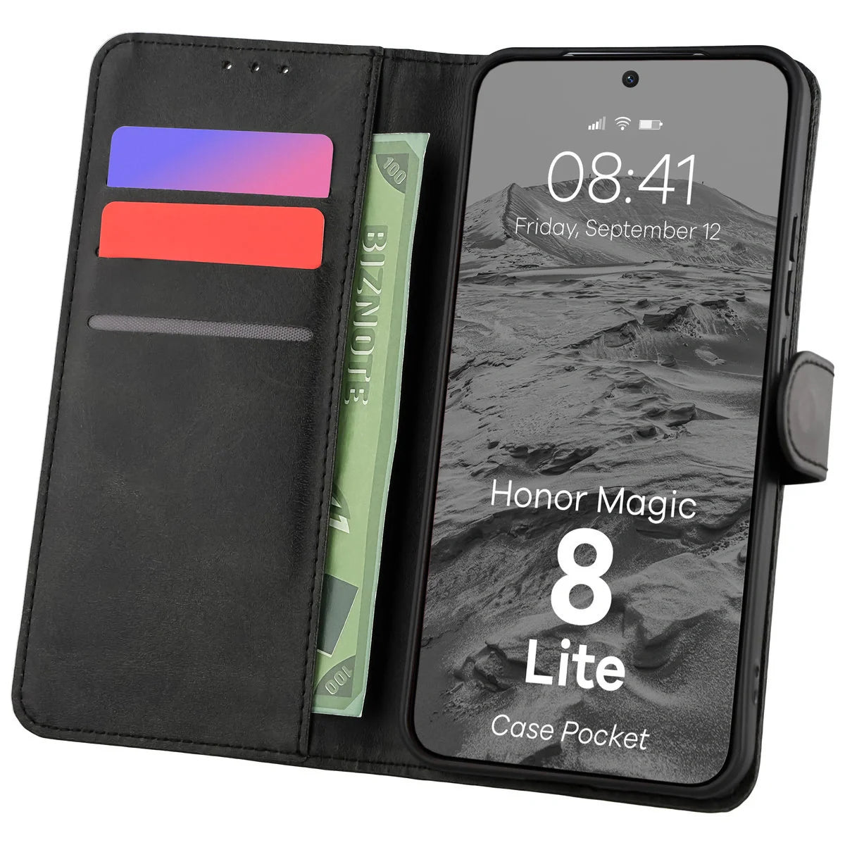 Handyhülle mit Klappe für Honor Magic8 Lite, Bizon Case Pocket, Schwarz