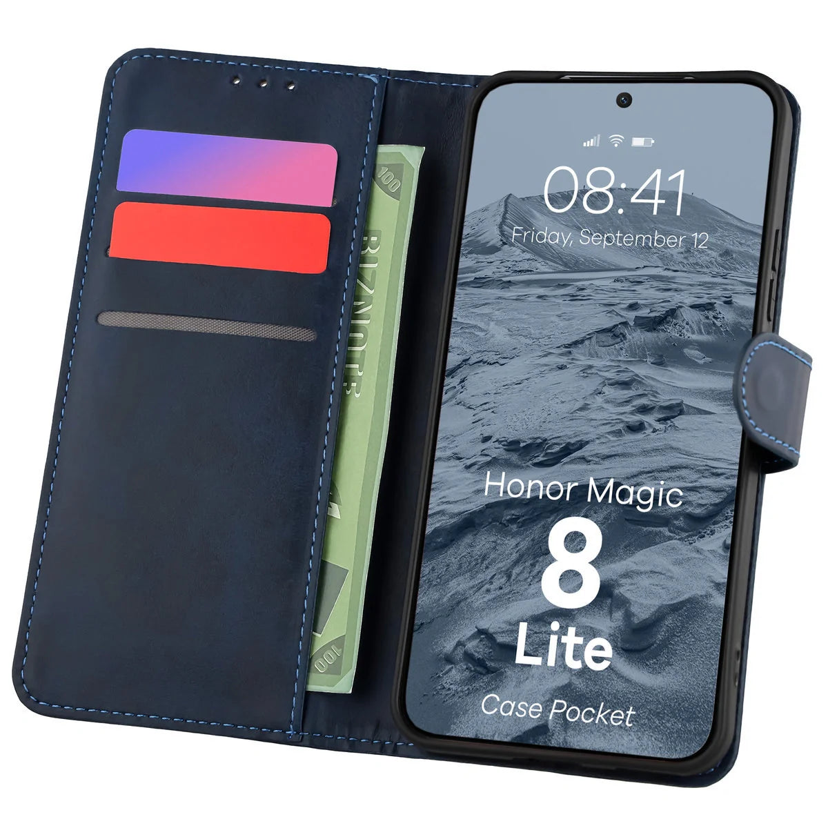 Handyhülle mit Klappe für Honor Magic8 Lite, Bizon Case Pocket, Dunkelblau