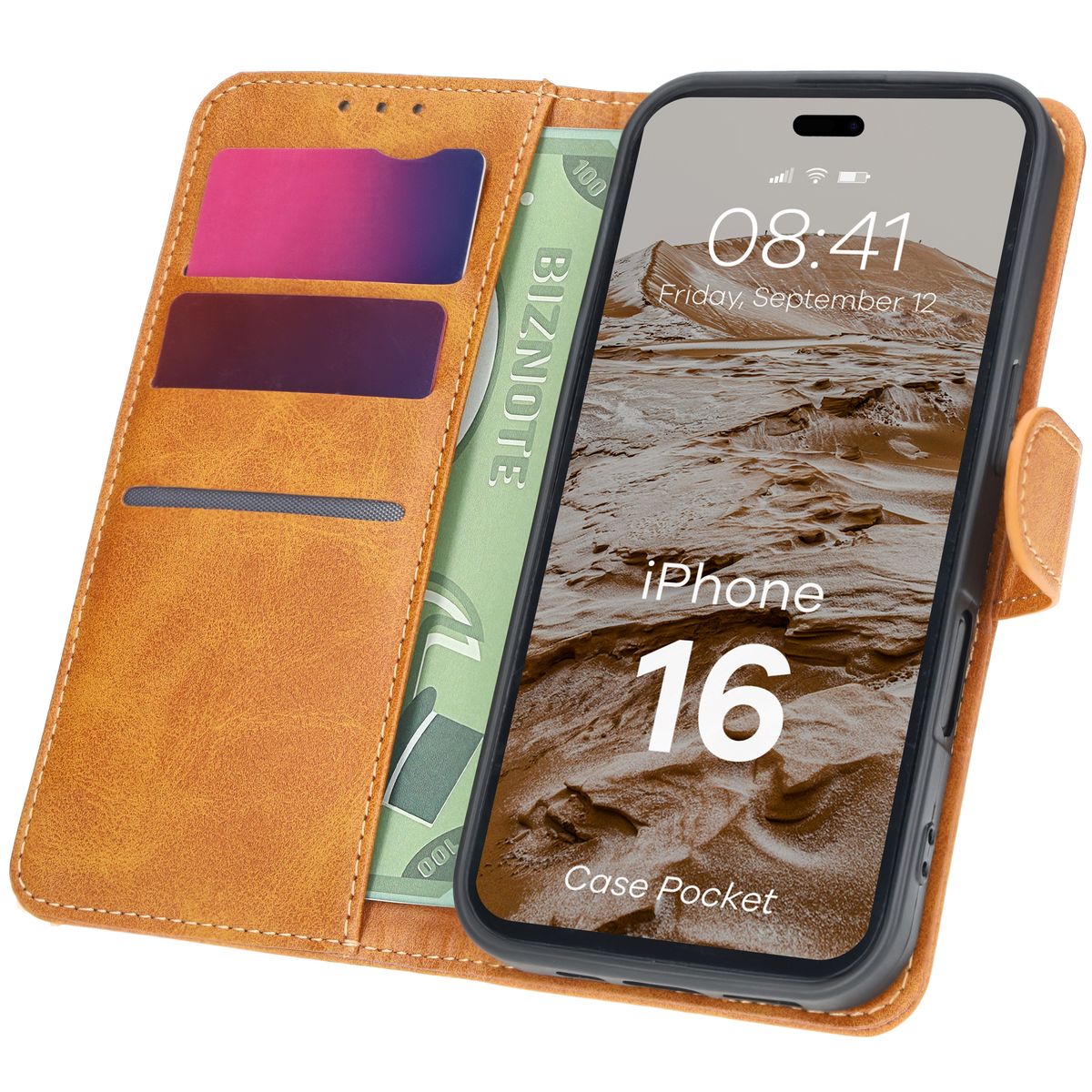 Handyhülle mit Klappe für iPhone 16, Bizon Case Pocket, Braun