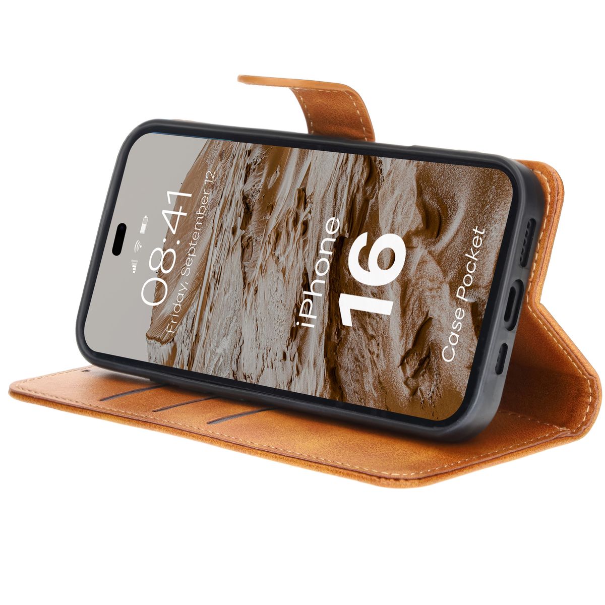 Handyhülle mit Klappe für iPhone 16, Bizon Case Pocket, Braun