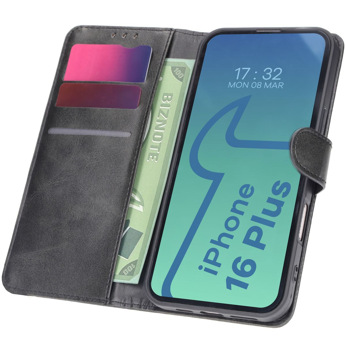 Handyhülle mit Klappe für iPhone 16 Plus, Bizon Case Pocket, Schwarz