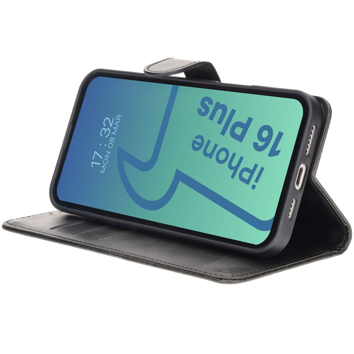 Handyhülle mit Klappe für iPhone 16 Plus, Bizon Case Pocket, Schwarz