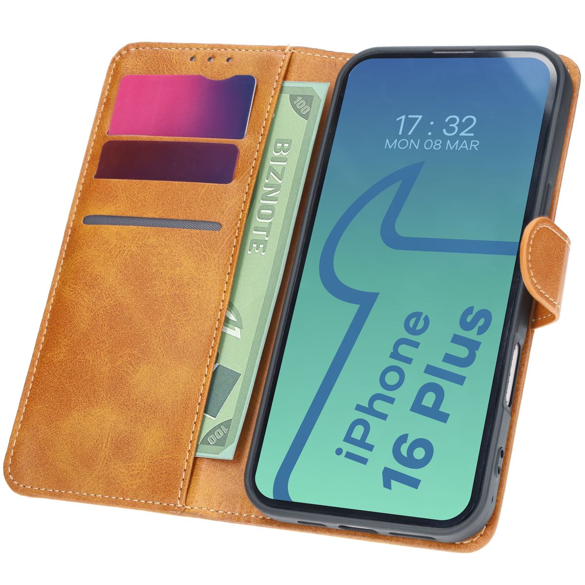 Handyhülle mit Klappe für iPhone 16 Plus, Bizon Case Pocket, Braun
