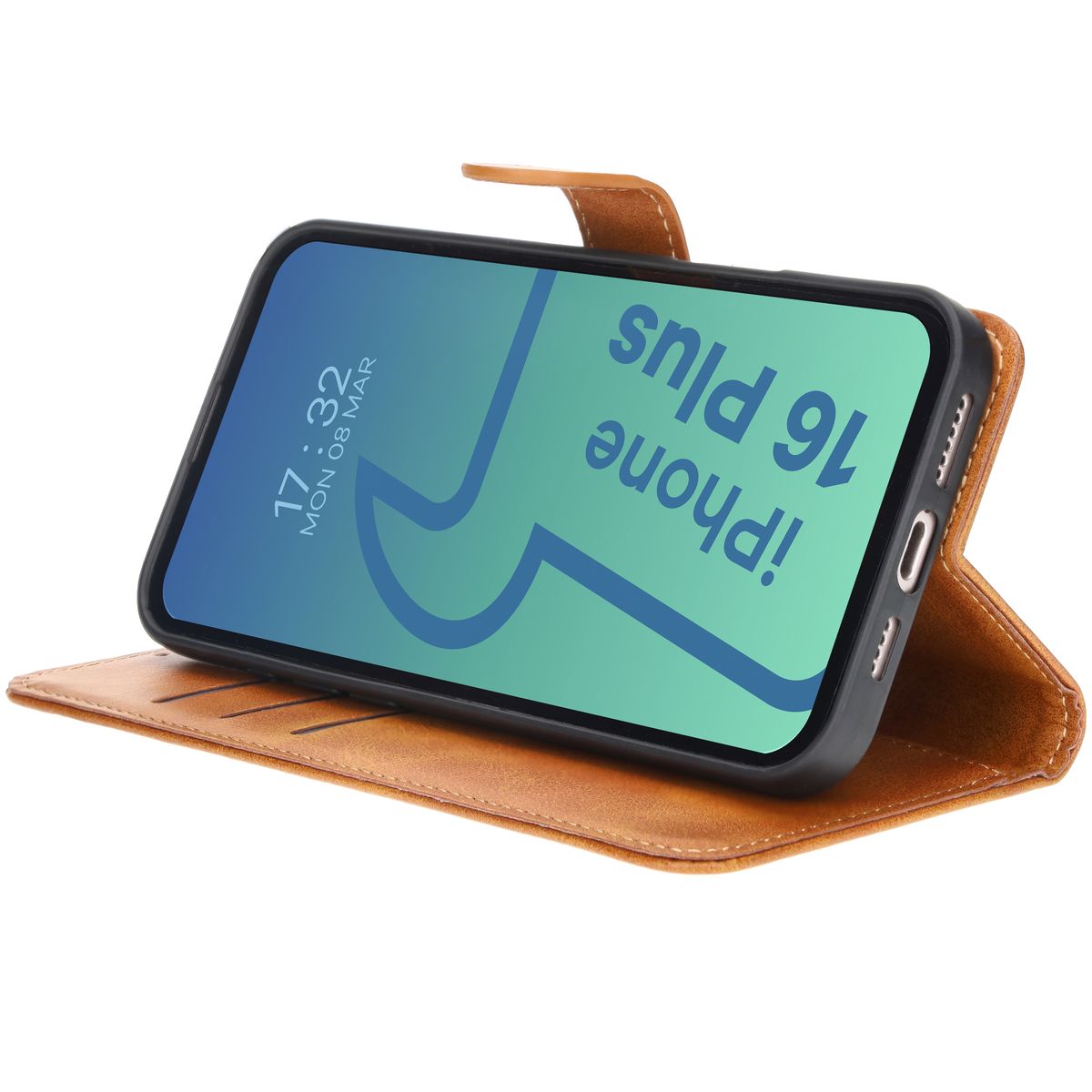 Handyhülle mit Klappe für iPhone 16 Plus, Bizon Case Pocket, Braun