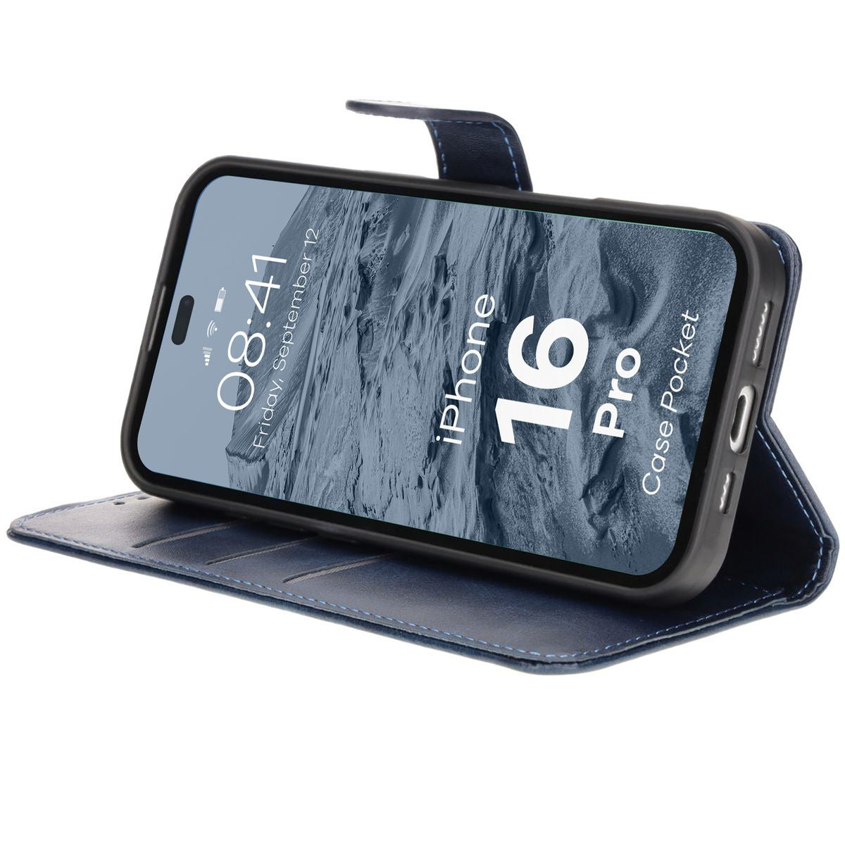 Handyhülle mit Klappe für iPhone 16 Pro, Bizon Case Pocket, Dunkelblau