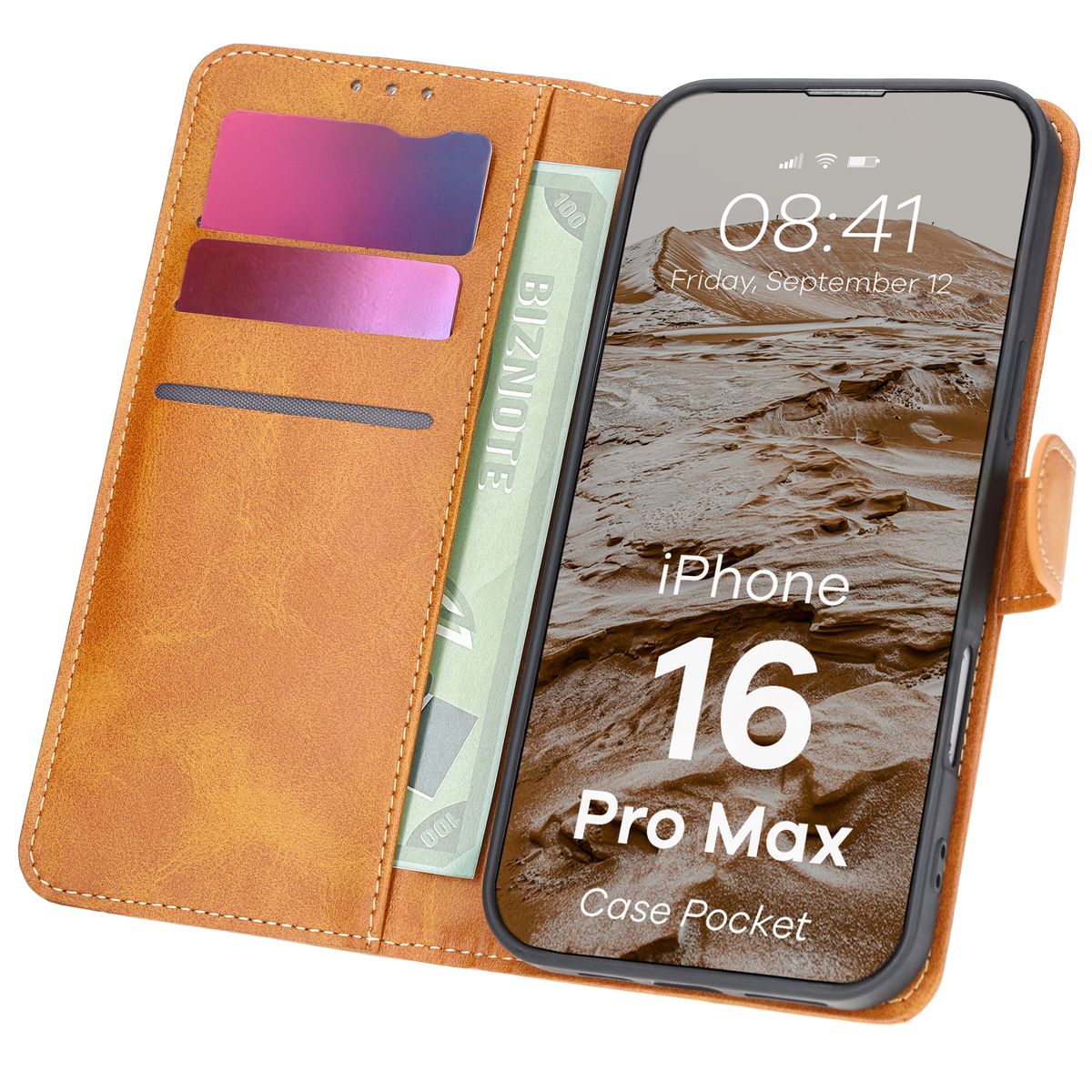 Handyhülle mit Klappe für iPhone 16 Pro Max, Bizon Case Pocket, Braun