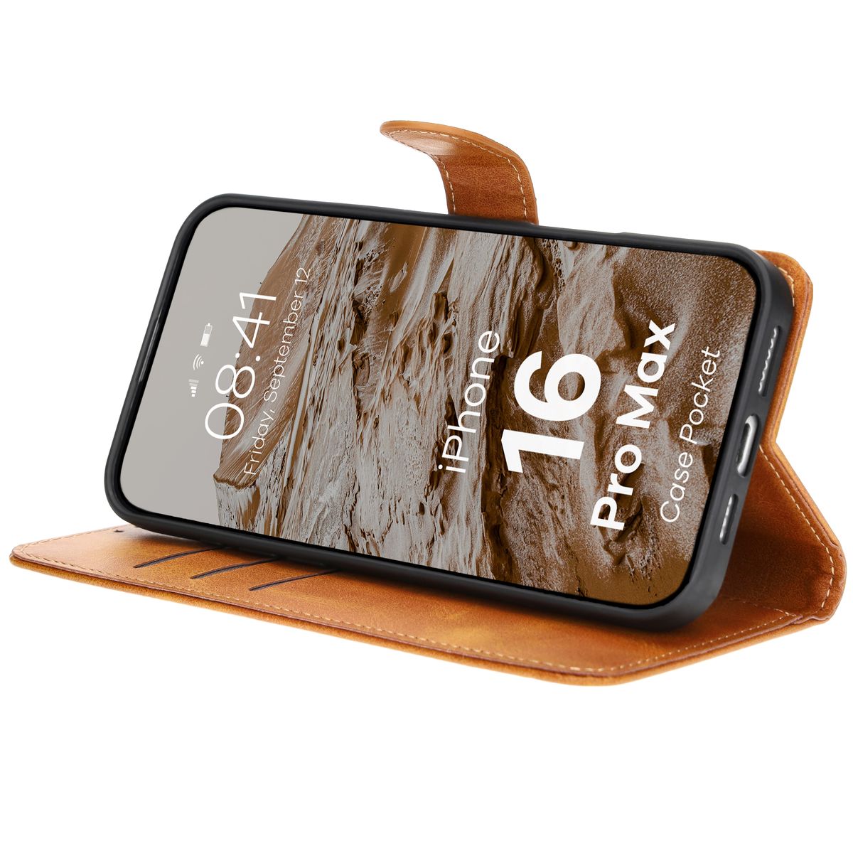 Handyhülle mit Klappe für iPhone 16 Pro Max, Bizon Case Pocket, Braun