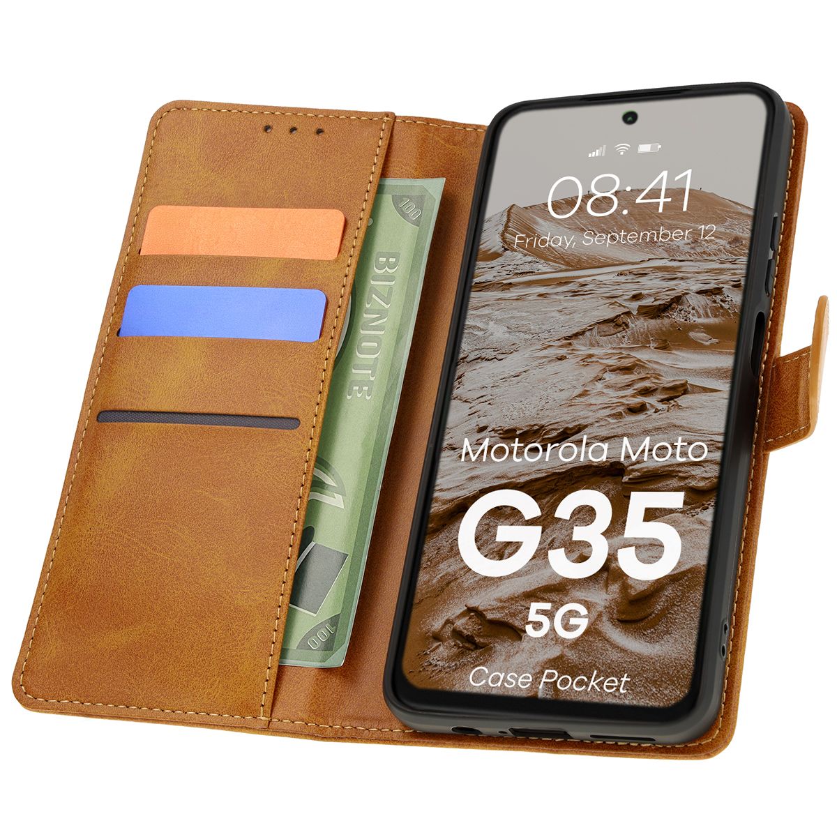 Handyhülle mit Klappe für Motorola Moto G35 5G, Bizon Case Pocket, Braun