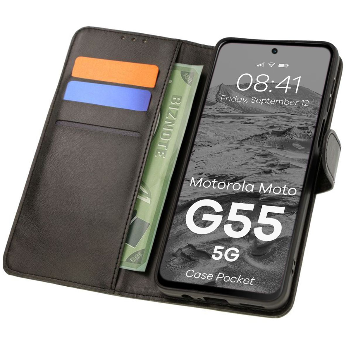 Handyhülle mit Klappe für Motorola Moto G55 5G, Bizon Case Pocket, Schwarz