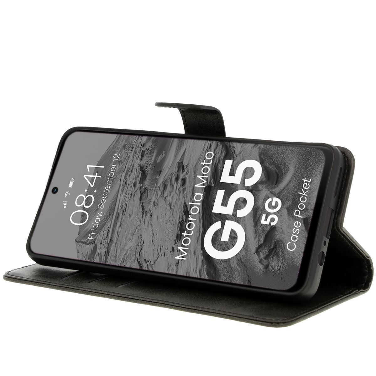Handyhülle mit Klappe für Motorola Moto G55 5G, Bizon Case Pocket, Schwarz