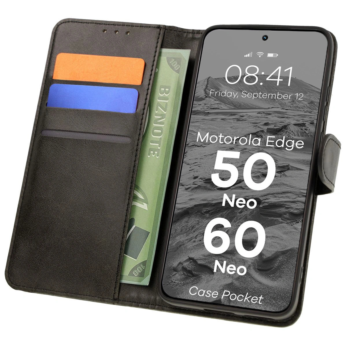 Handyhülle mit Klappe für Motorola Edge 50 Neo, Bizon Case Pocket, Schwarz