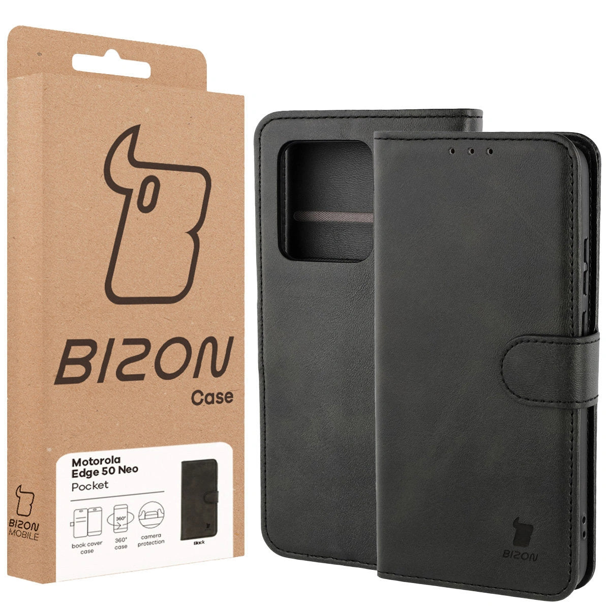 Handyhülle mit Klappe für Motorola Edge 50 Neo, Bizon Case Pocket, Schwarz
