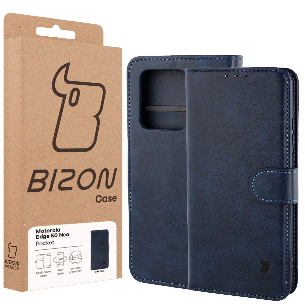 Handyhülle mit Klappe für Motorola Edge 50 Neo, Bizon Case Pocket, Dunkelblau