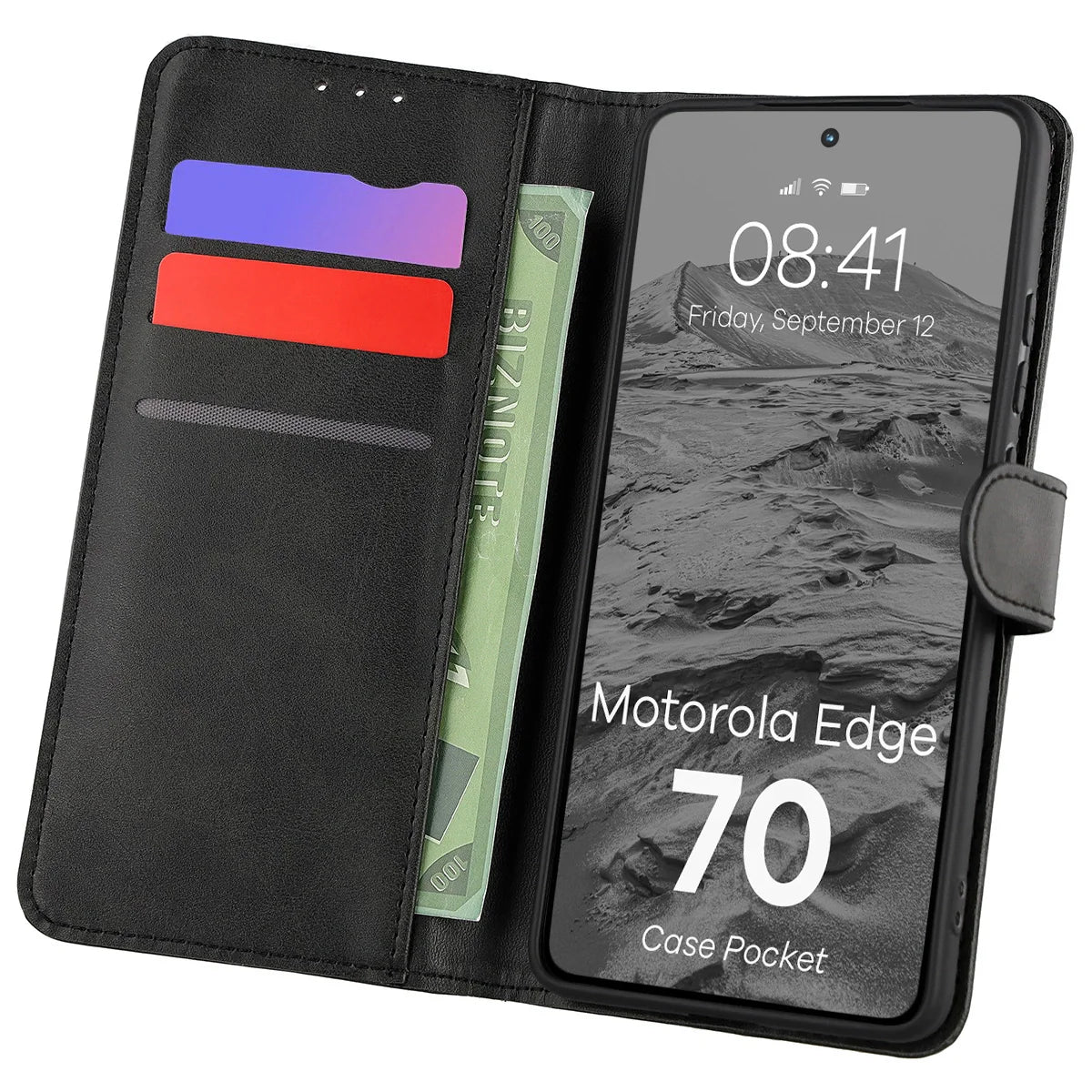 Handyhülle mit Klappe für Motorola Edge 70, Bizon Case Pocket, Schwarz