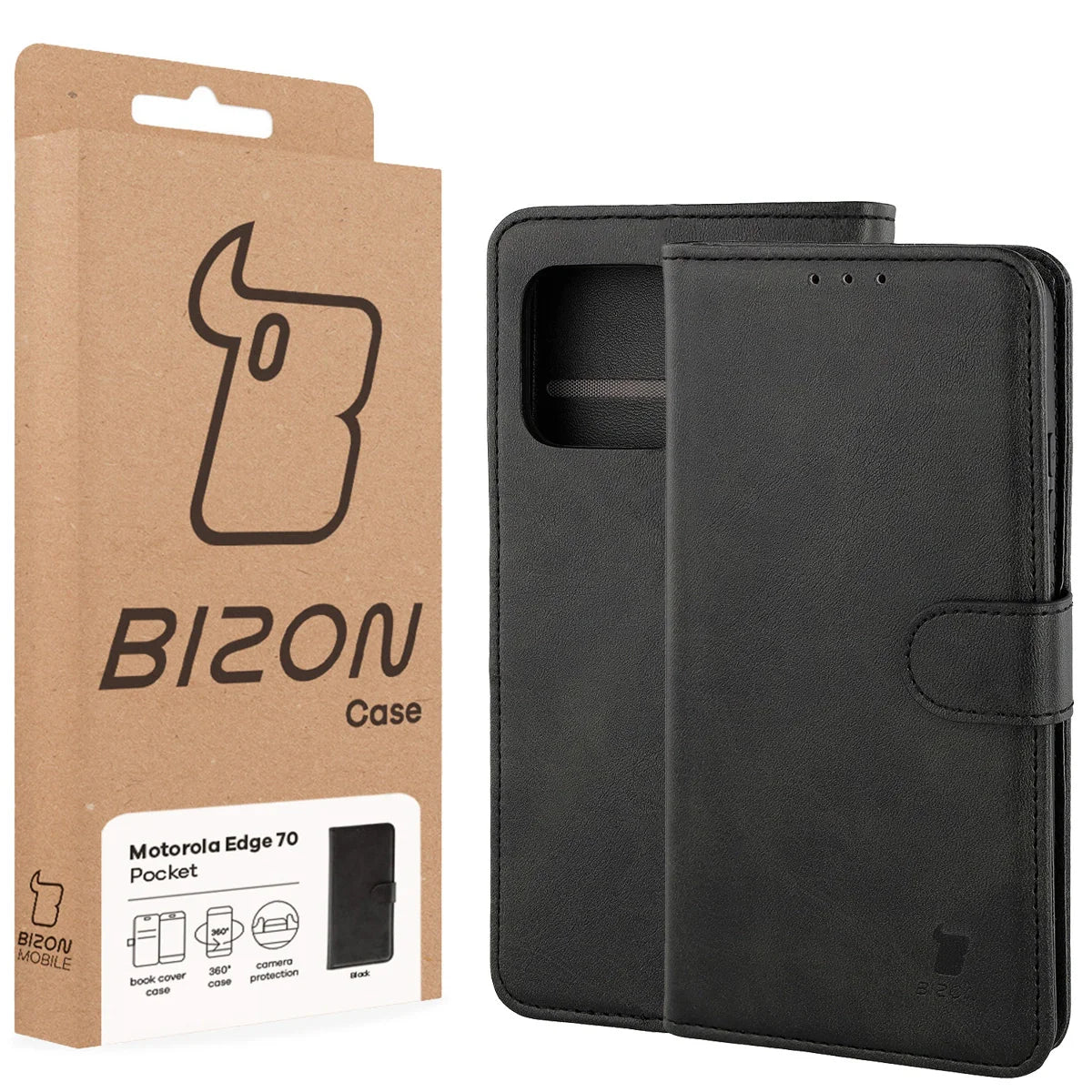 Handyhülle mit Klappe für Motorola Edge 70, Bizon Case Pocket, Schwarz