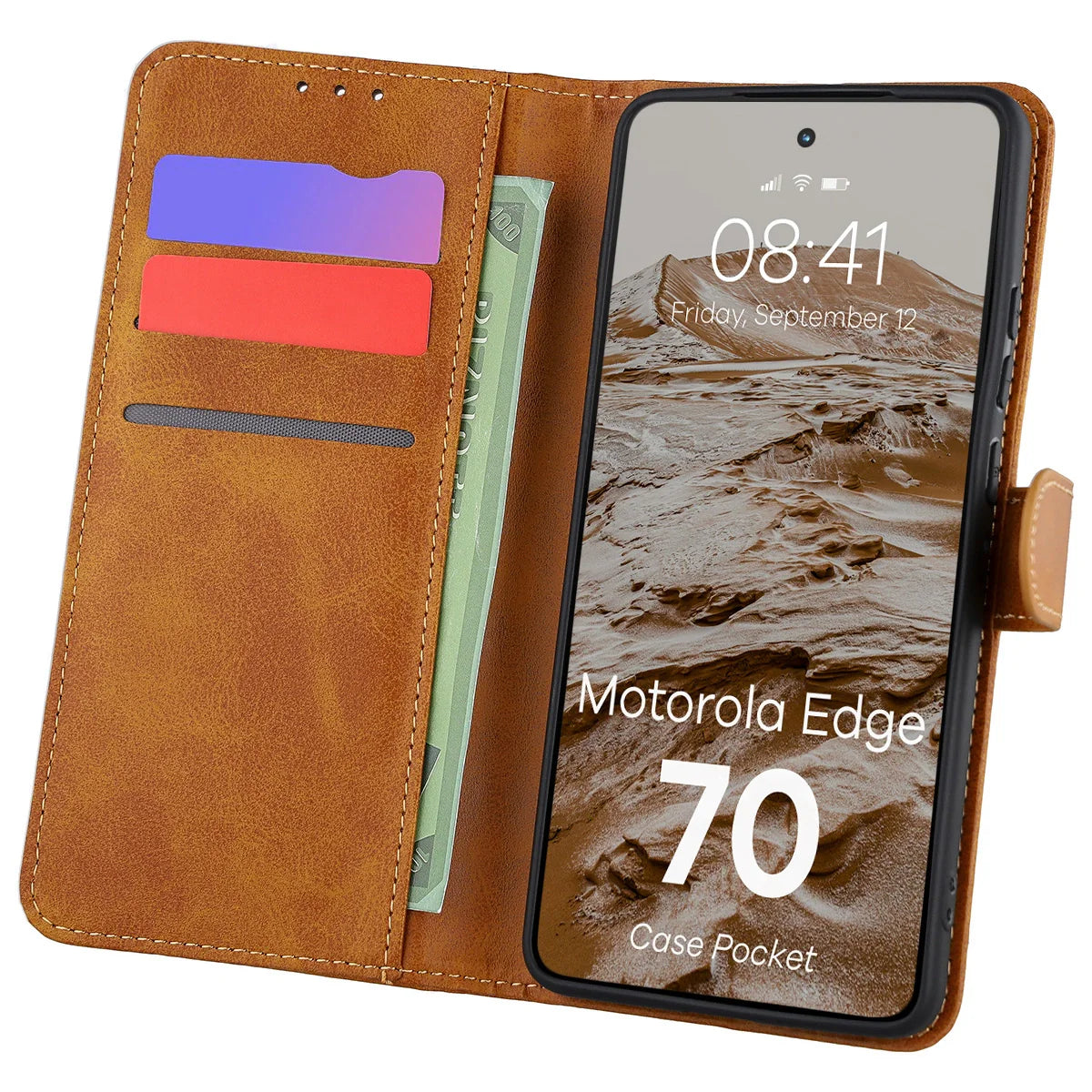 Handyhülle mit Klappe für Motorola Edge 70, Bizon Case Pocket, Braun