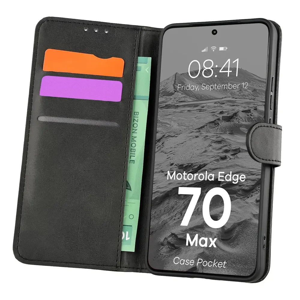 Handyhülle mit Klappe für Motorola Edge 70 Max, Bizon Case Pocket, Schwarz (1/6)