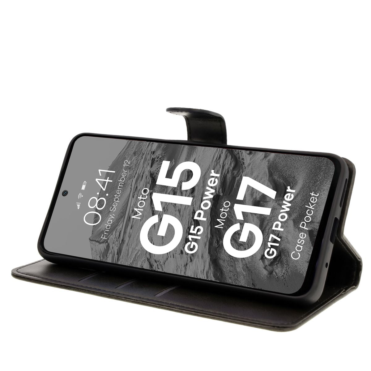 Handyhülle mit Klappe für Motorola Moto G17 / G17 Power / G15 / G15 Power / G05, Bizon Case Pocket, Schwarz