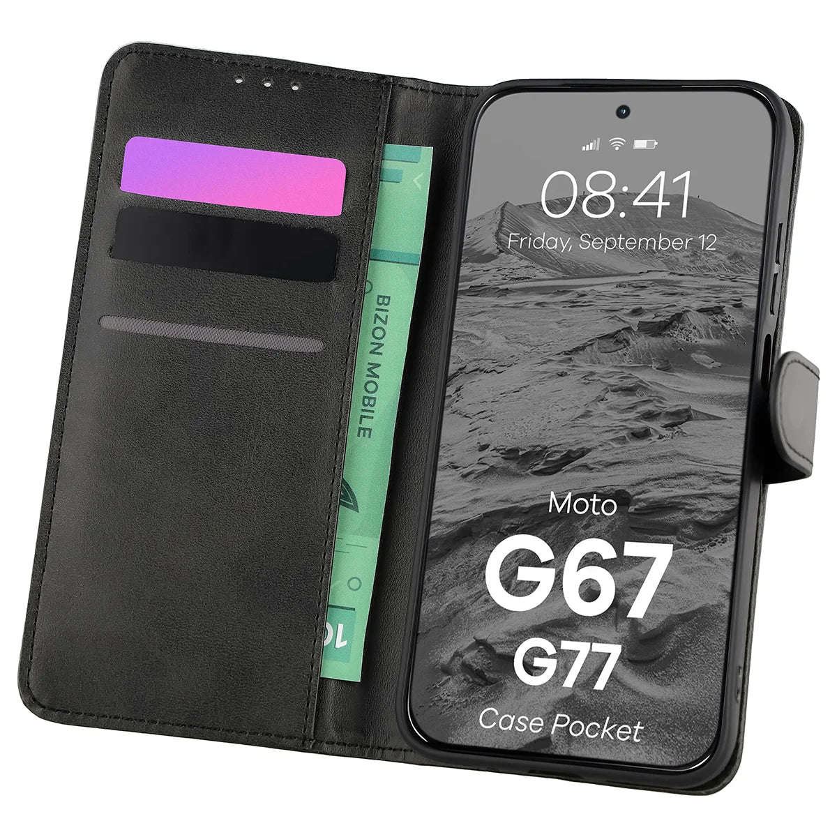 Handyhülle mit Klappe für Motorola Moto G67 5G / G77 5G, Bizon Case Pocket, Schwarz