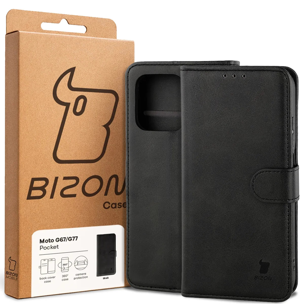 Handyhülle mit Klappe für Motorola Moto G67 5G / G77 5G, Bizon Case Pocket, Schwarz
