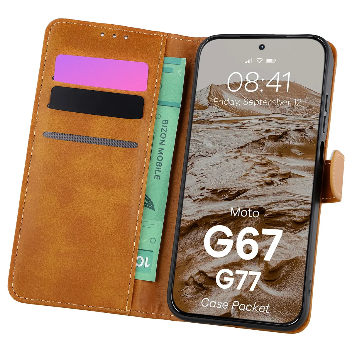 Handyhülle mit Klappe für Motorola Moto G67 5G / G77 5G, Bizon Case Pocket, Braun