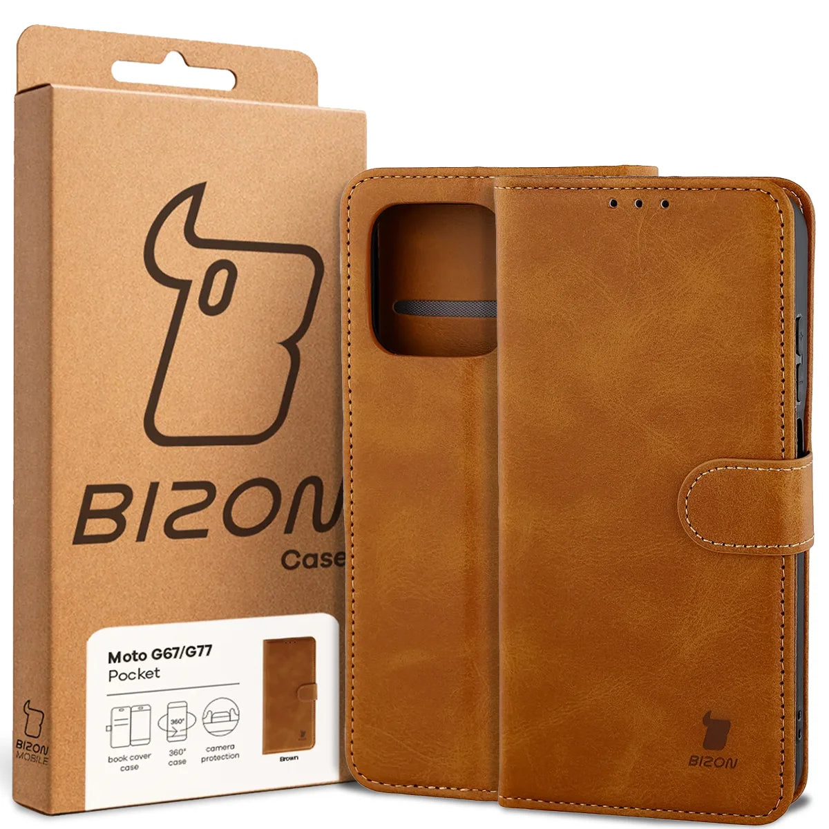 Handyhülle mit Klappe für Motorola Moto G67 5G / G77 5G, Bizon Case Pocket, Braun