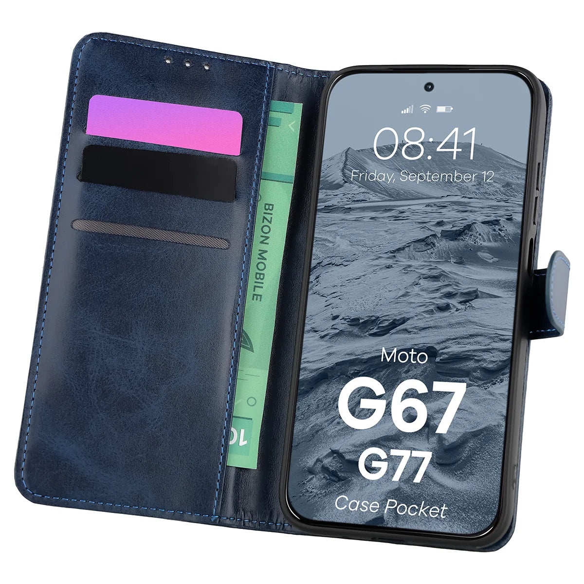 Handyhülle mit Klappe für Motorola Moto G67 5G / G77 5G, Bizon Case Pocket, Dunkelblau