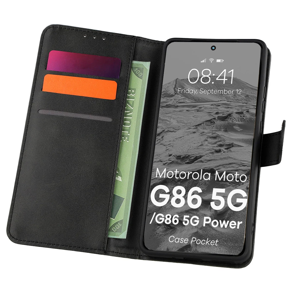 Handyhülle mit Klappe für Motorola Moto G86 5G / G86 Power 5G, Bizon Case Pocket, Schwarz
