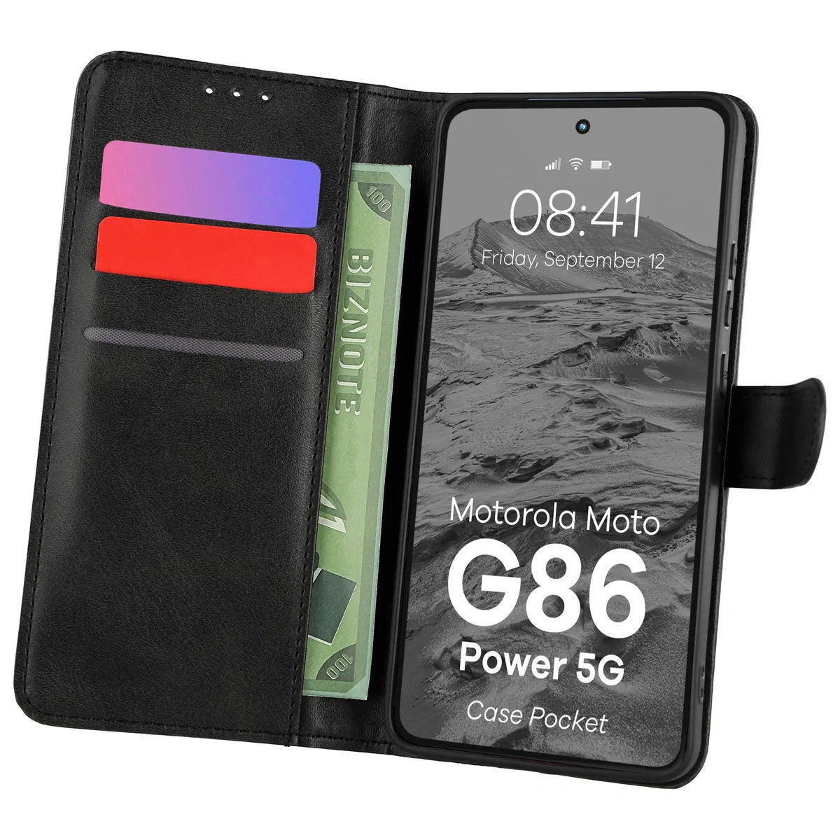 Handyhülle mit Klappe für Motorola Moto G86 Power 5G, Bizon Case Pocket, Schwarz