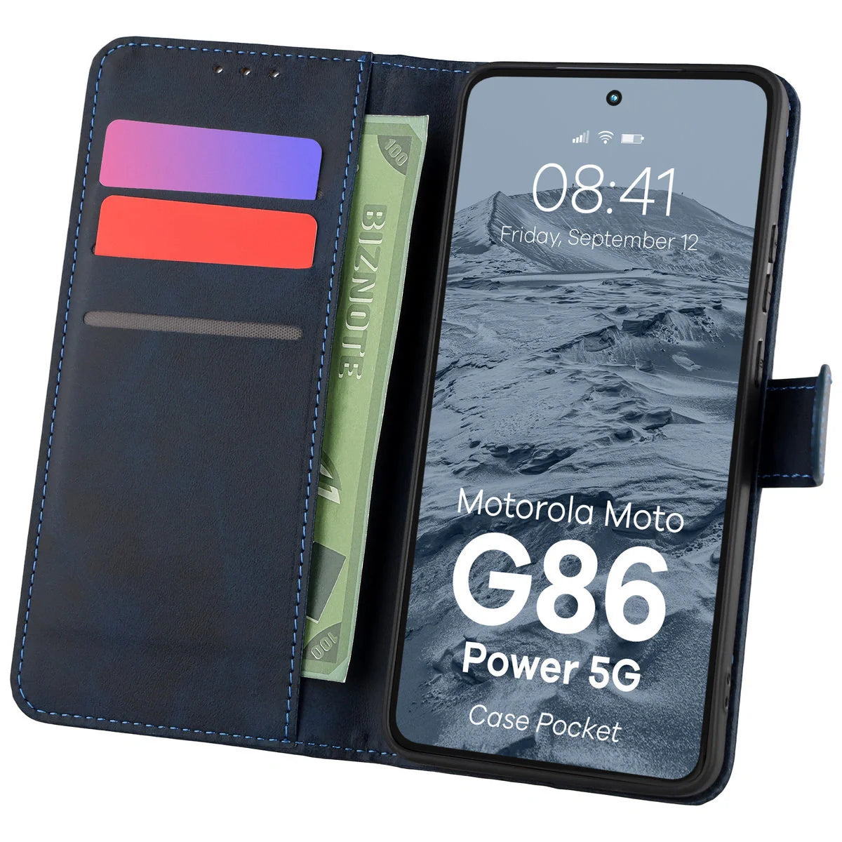 Handyhülle mit Klappe für Motorola Moto G86 Power 5G, Bizon Case Pocket, Dunkelblau