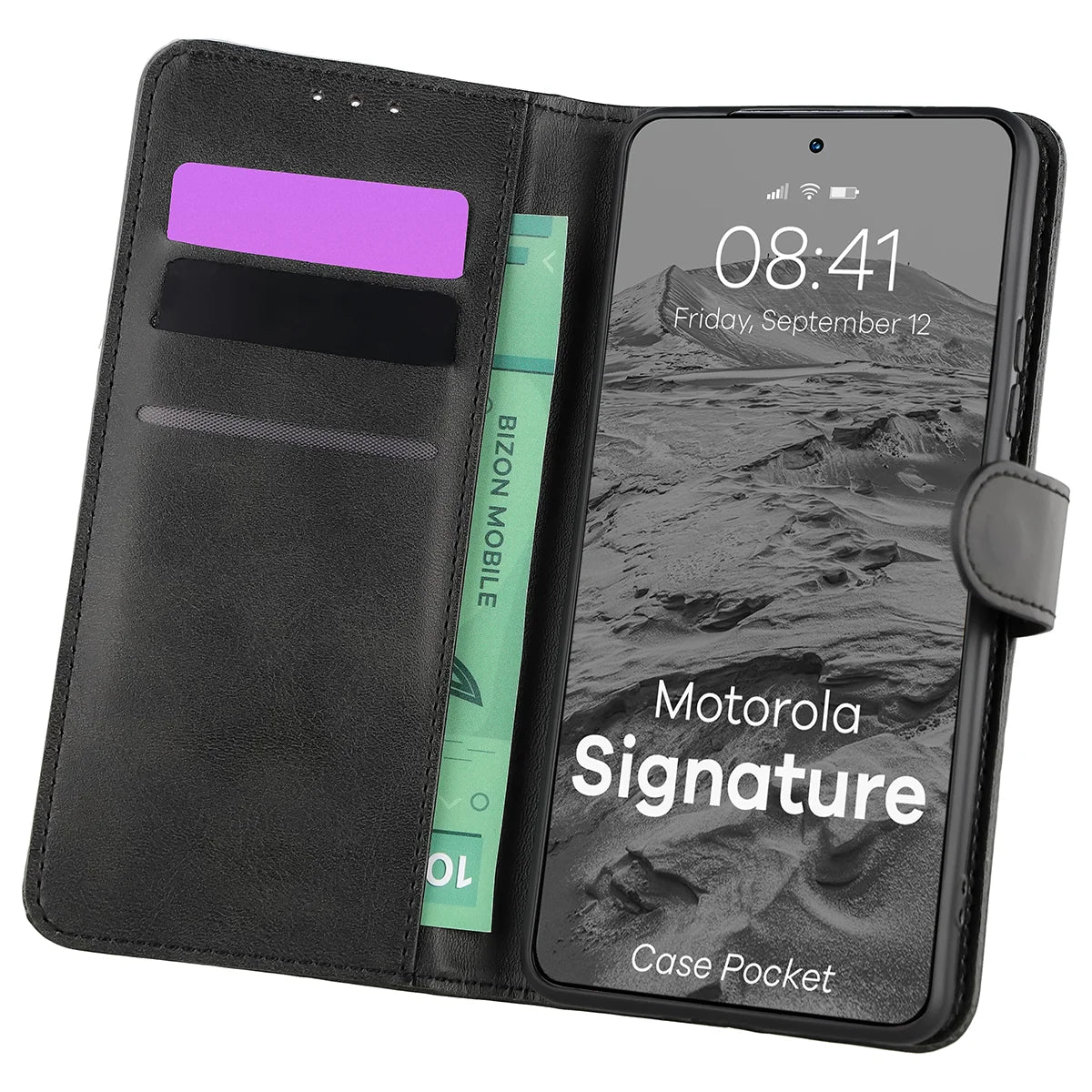 Handyhülle mit Klappe für Motorola Signature, Bizon Case Pocket, Schwarz