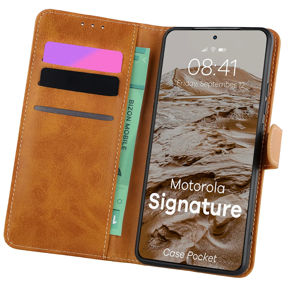 Handyhülle mit Klappe für Motorola Signature, Bizon Case Pocket, Braun