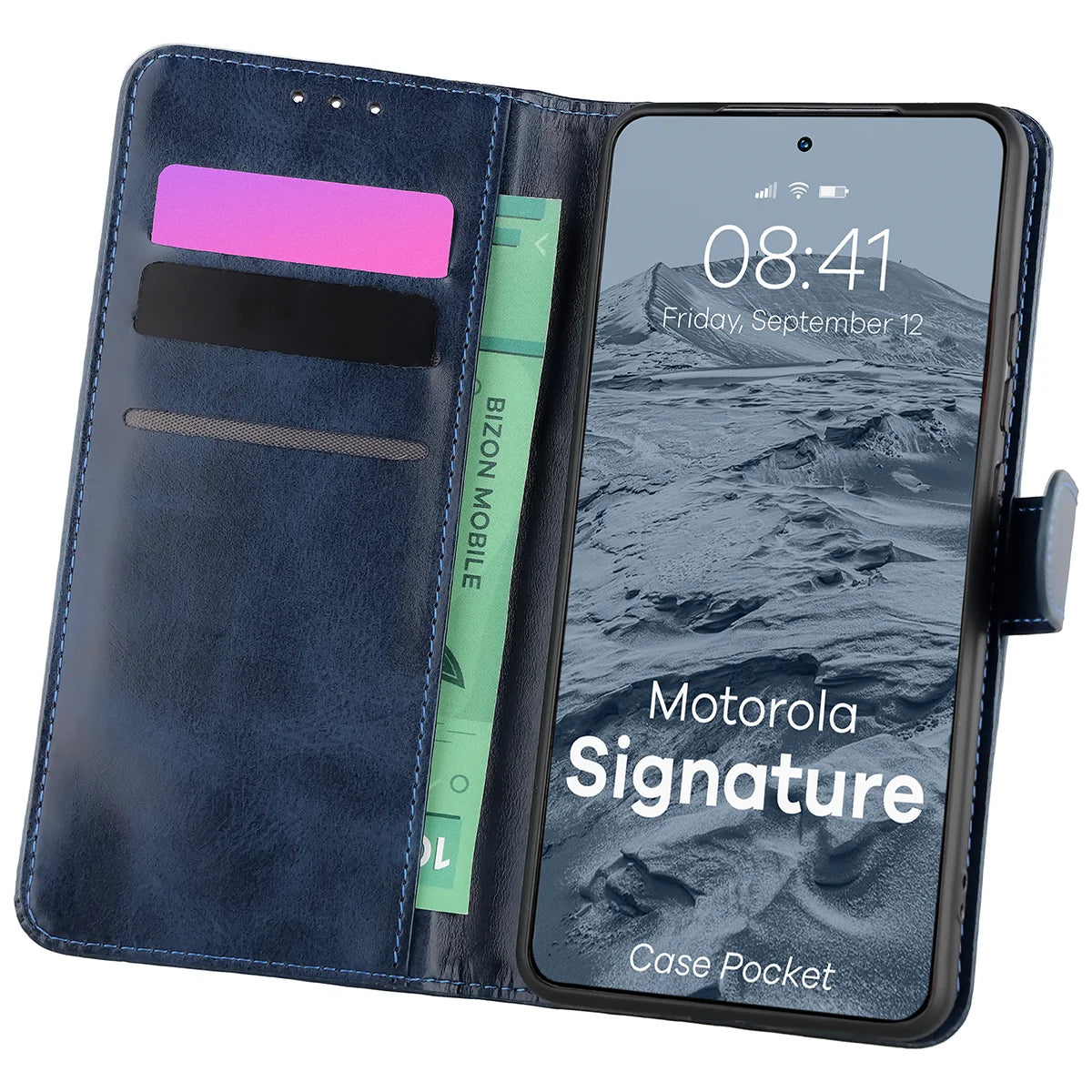 Handyhülle mit Klappe für Motorola Signature, Bizon Case Pocket, Dunkelblau