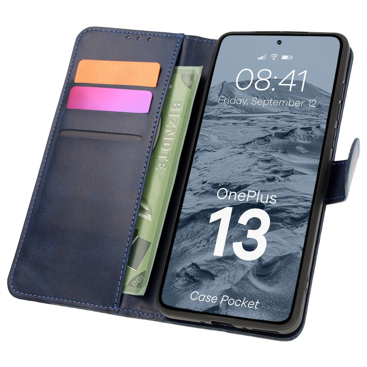 Handyhülle mit Klappe für OnePlus 13, Bizon Case Pocket, Dunkelblau