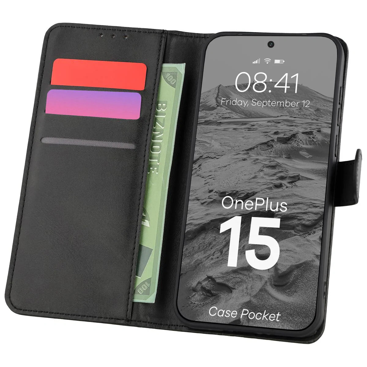 Handyhülle mit Klappe für OnePlus 15, Bizon Case Pocket, Schwarz