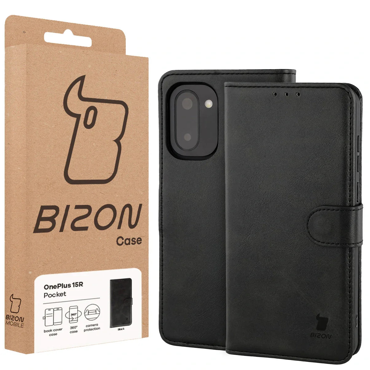 Handyhülle mit Klappe für OnePlus 15R, Bizon Case Pocket, Schwarz