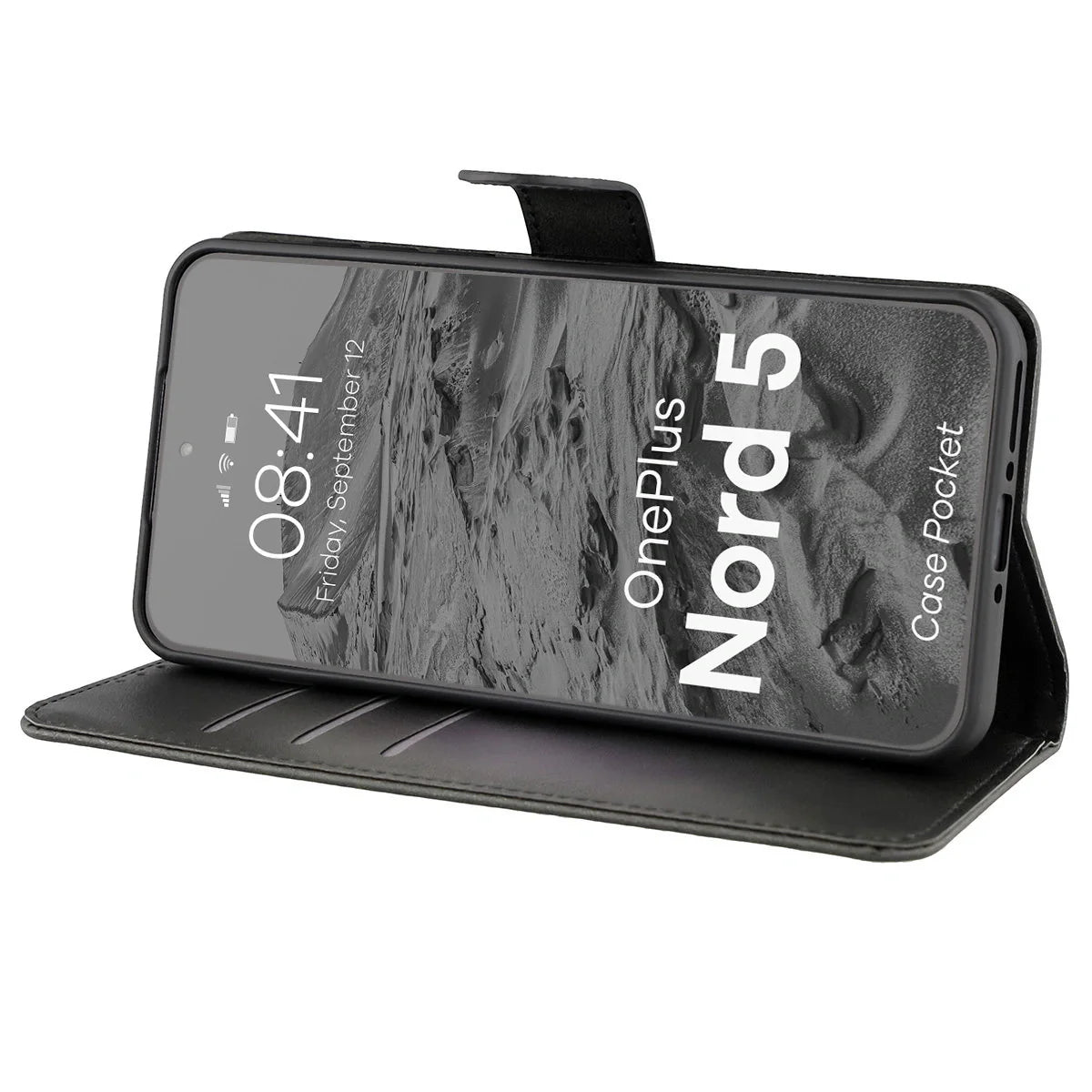 Handyhülle mit Klappe für OnePlus Nord 5, Bizon Case Pocket, Schwarz