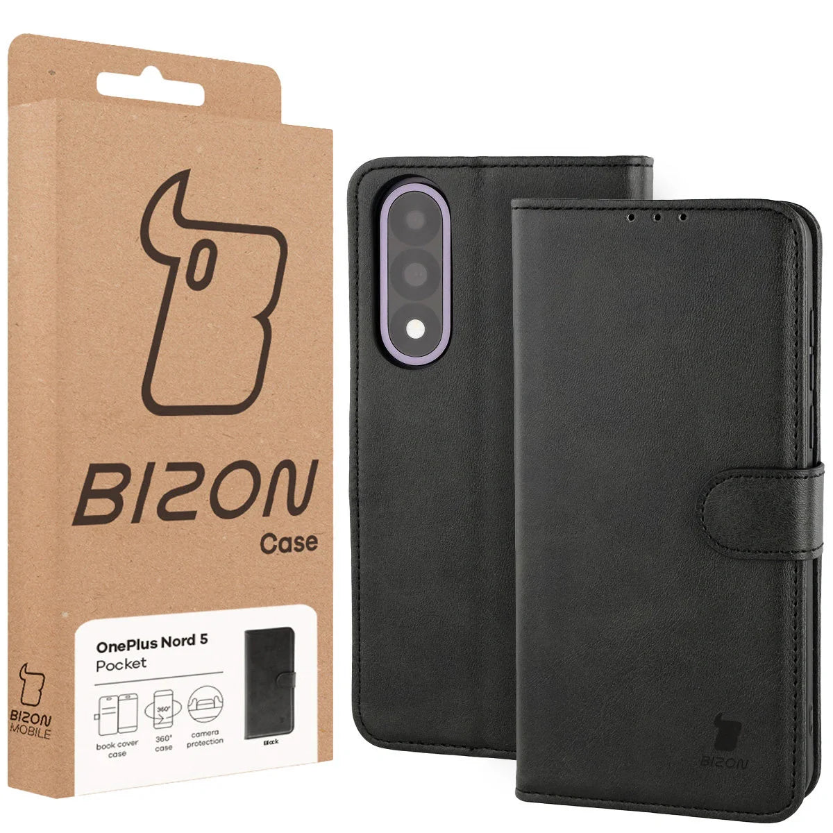 Handyhülle mit Klappe für OnePlus Nord 5, Bizon Case Pocket, Schwarz