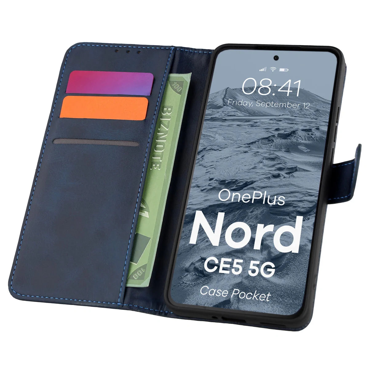 Handyhülle mit Klappe für OnePlus Nord CE5 5G, Bizon Case Pocket, Dunkelblau