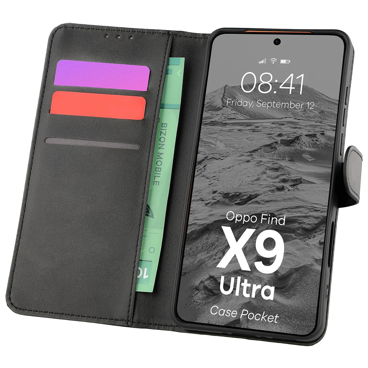 Handyhülle mit Klappe für Oppo Find X9 Ultra, Bizon Case Pocket, Schwarz