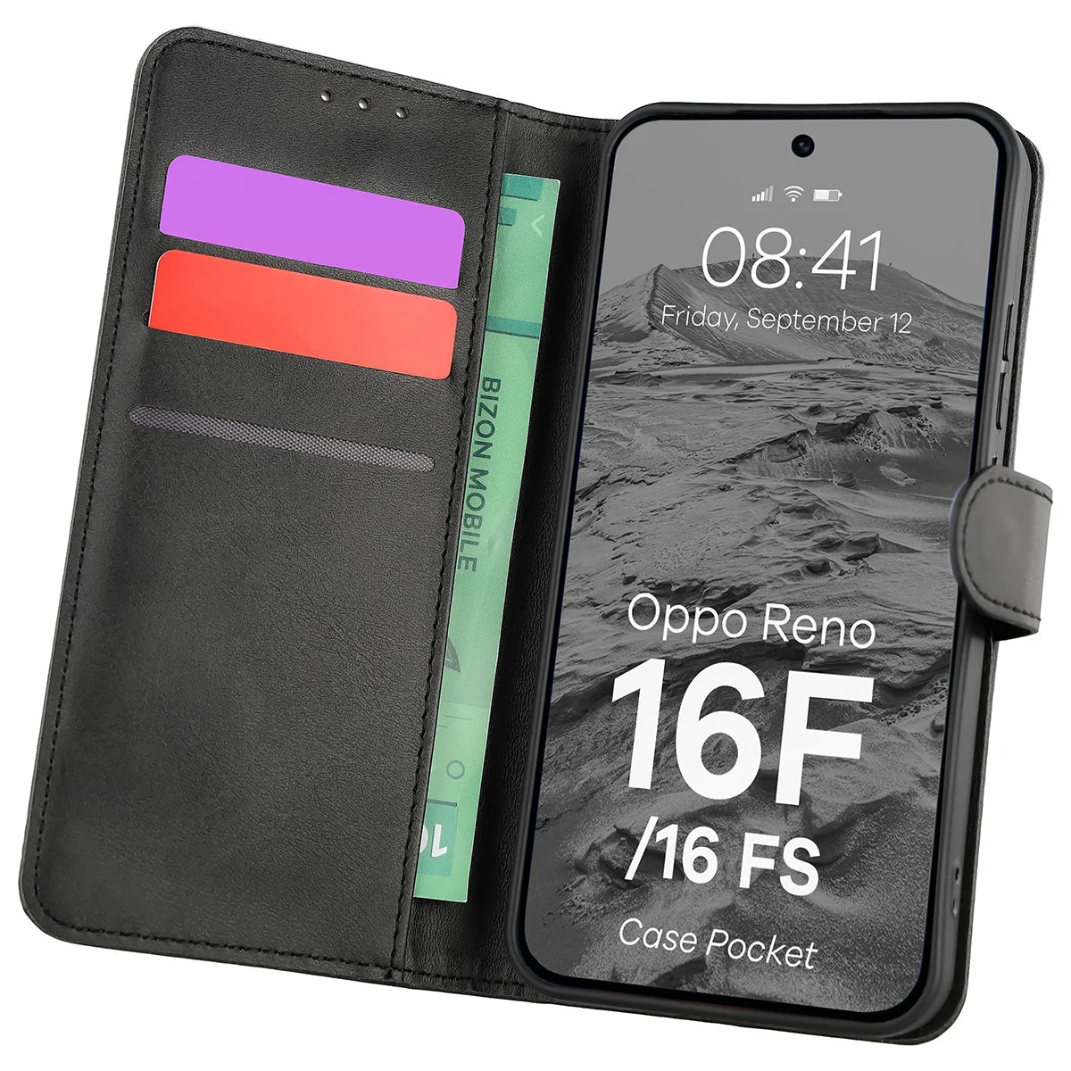 Handyhülle mit Klappe für Oppo Reno16 F / Reno16 FS 5G, Bizon Case Pocket, Schwarz