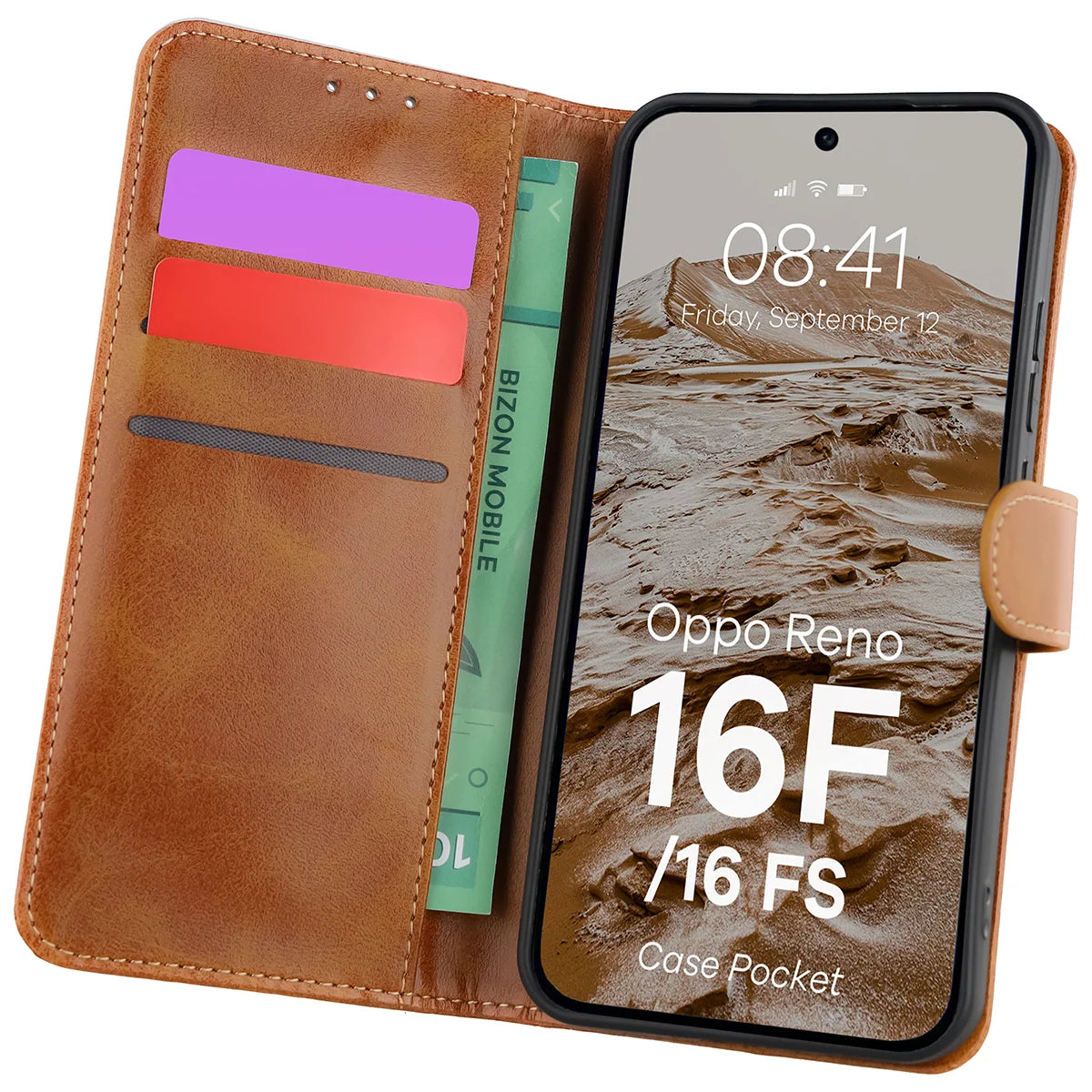 Handyhülle mit Klappe für Oppo Reno16 F / Reno16 FS 5G, Bizon Case Pocket, Braun