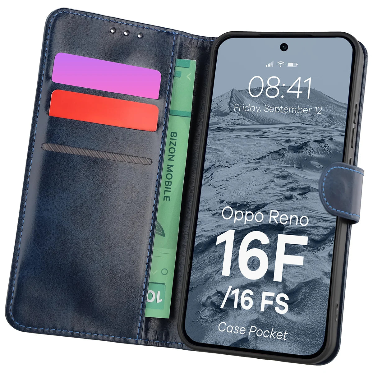 Handyhülle mit Klappe für Oppo Reno16 F / Reno16 FS 5G, Bizon Case Pocket, Dunkelblau
