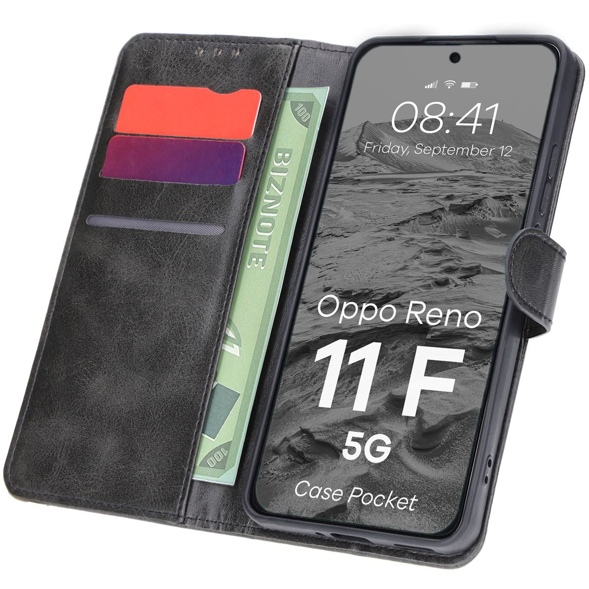 Handyhülle mit Klappe für Oppo Reno11 F 5G, Bizon Case Pocket, Schwarz